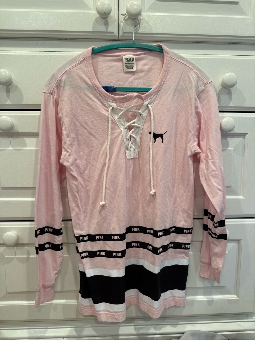 Y2K PINK Victoria's Secret Pink Lace-Up Long Sleeve Jersey with Black Stripes